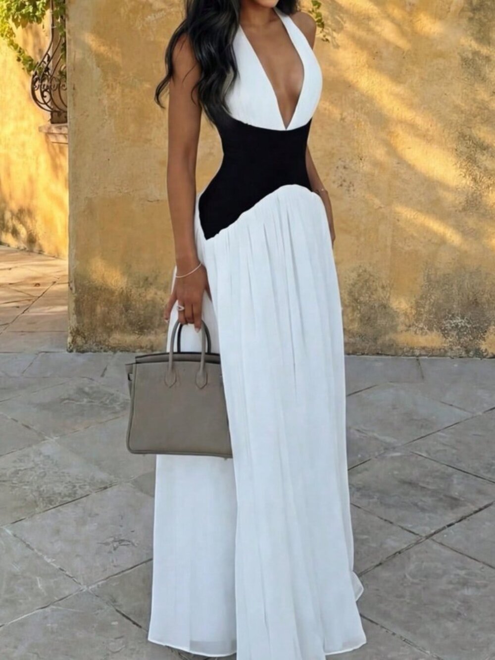 White Casual Women's Color Block A-Line Backless Halter Neck Dress